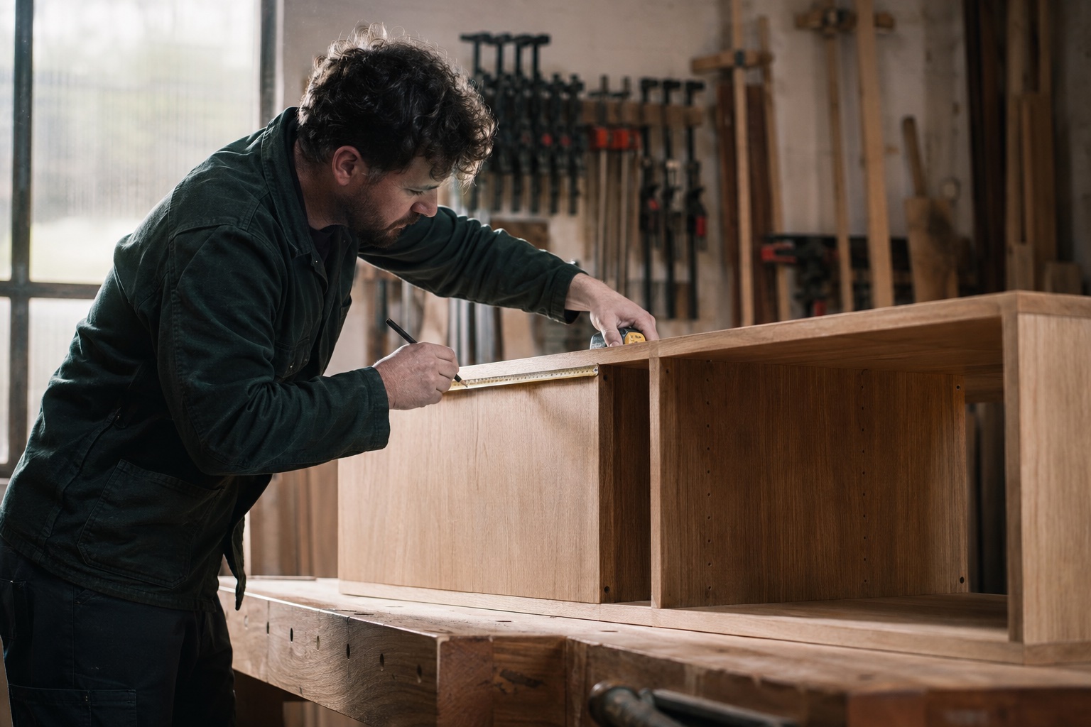 Furniture maker measuring and marking an oak cabinet in a workshop